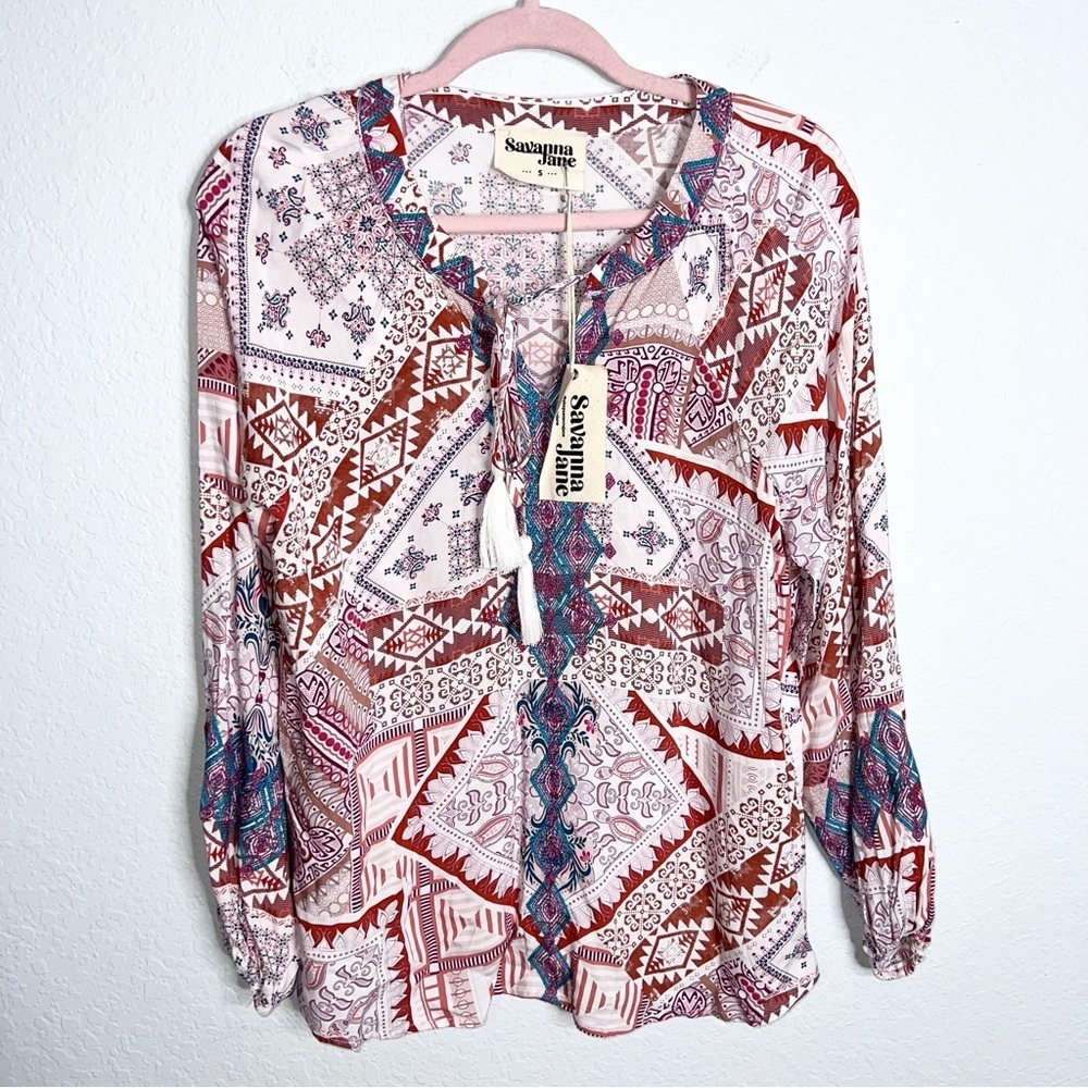 Savanna Jane Top Women Small Shirt Blouse Floral Embroidered Boho Aztec B10